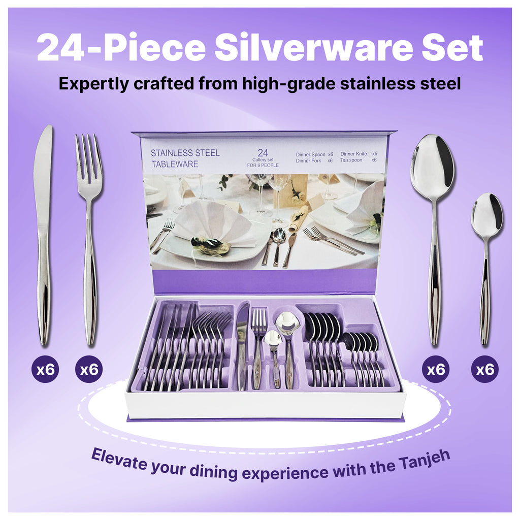 24-Piece Forged Stainless Steel Silverware Set for 6, Mirror Polished Kitchen Cutlery Set with Forks, Knives, Spoons and Teaspoons, Flatware for Home and restaurant, Gift for Family and Friends