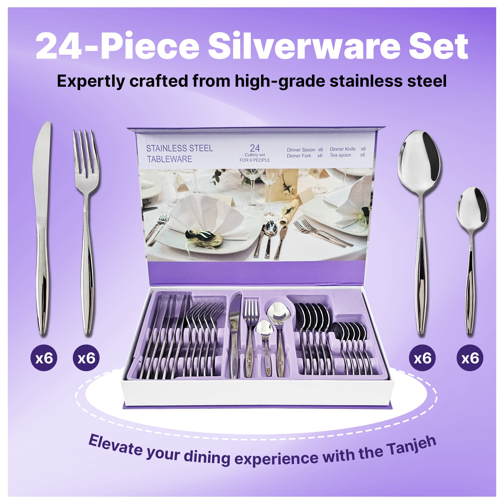 24-Piece Forged Stainless Steel Silverware Set for 6, Mirror Polished Kitchen Cutlery Set with Forks, Knives, Spoons and Teaspoons, Flatware for Home and restaurant, Gift for Family and Friends