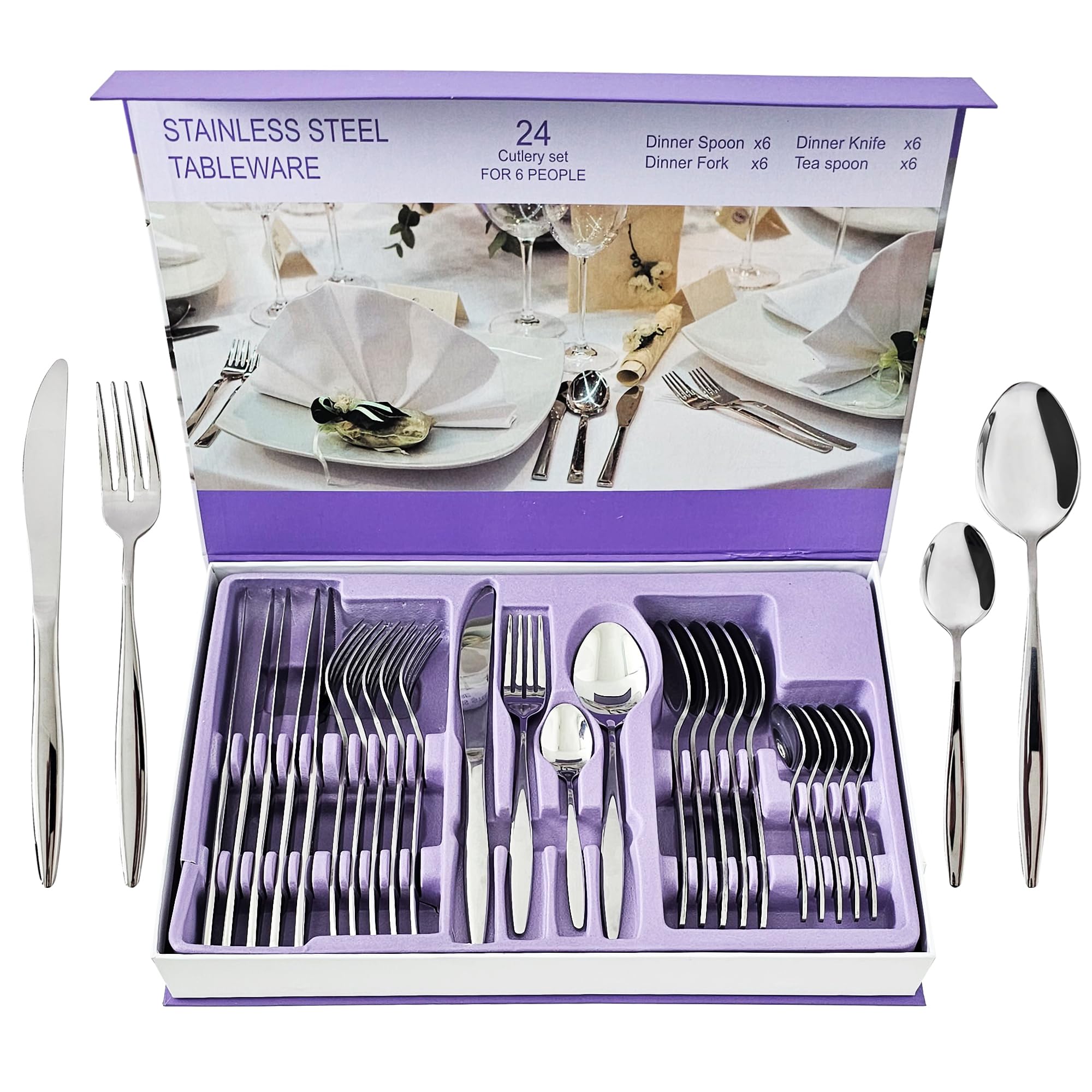 24-Piece Forged Stainless Steel Silverware Set for 6, Mirror Polished Kitchen Cutlery Set with Forks, Knives, Spoons and Teaspoons, Flatware for Home and restaurant, Gift for Family and Friends